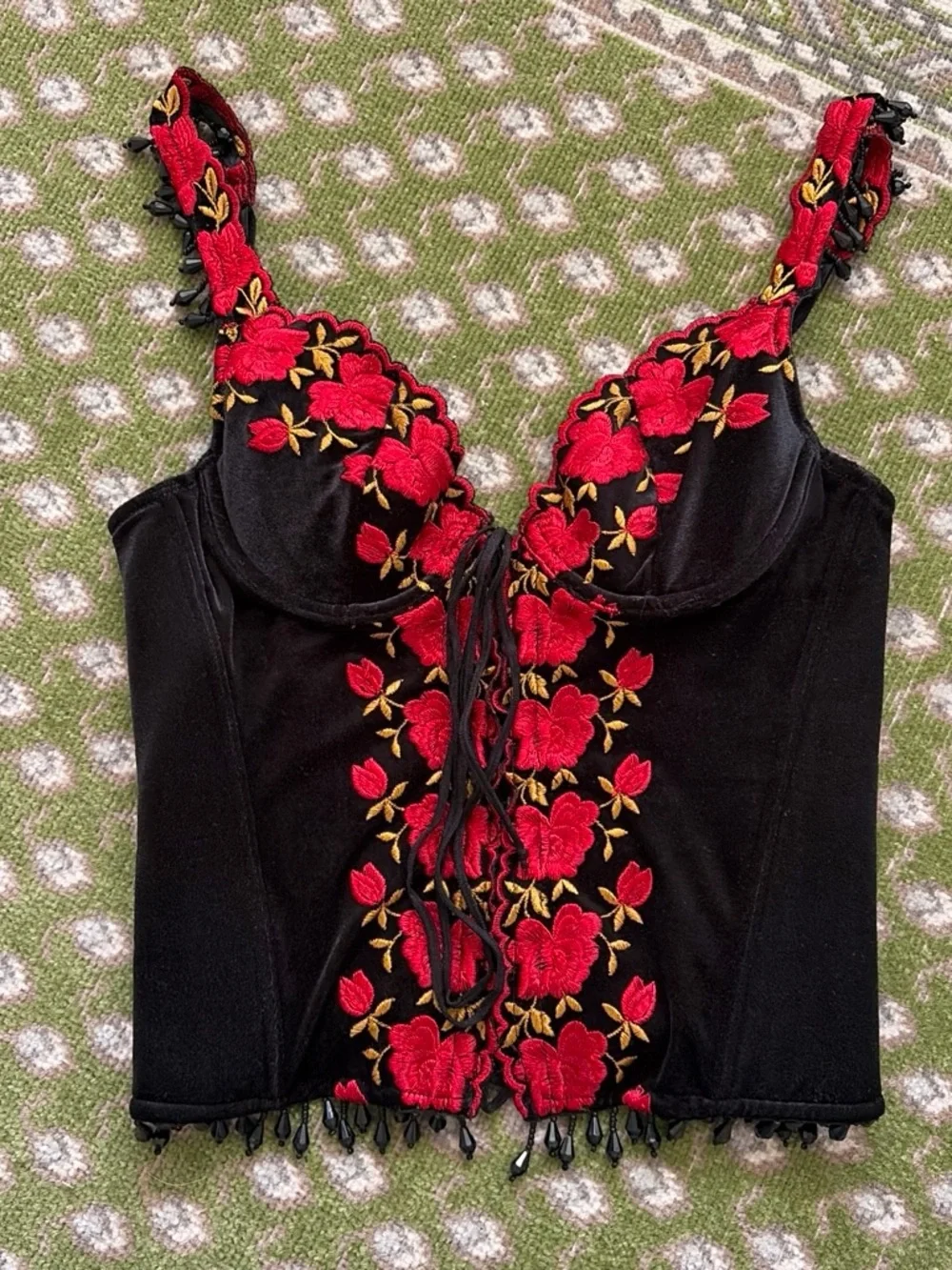 Victoria's Secret Black Bustier Camisole with Red Floral Embroidery - Picture 1 of 7